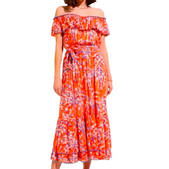 Poupette St. Barth Dresses & Skirts - Poupette St Barth Women's Long Dress Bella Ruffled Off Shoulder Belted Size S